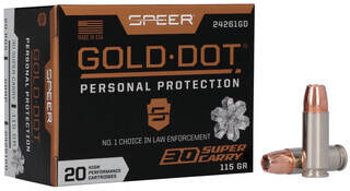 Speer Gold Dot 115gr Hollow Point .30 Super Carry Hollow Point Ammo features 20 nickel plated cartridges
